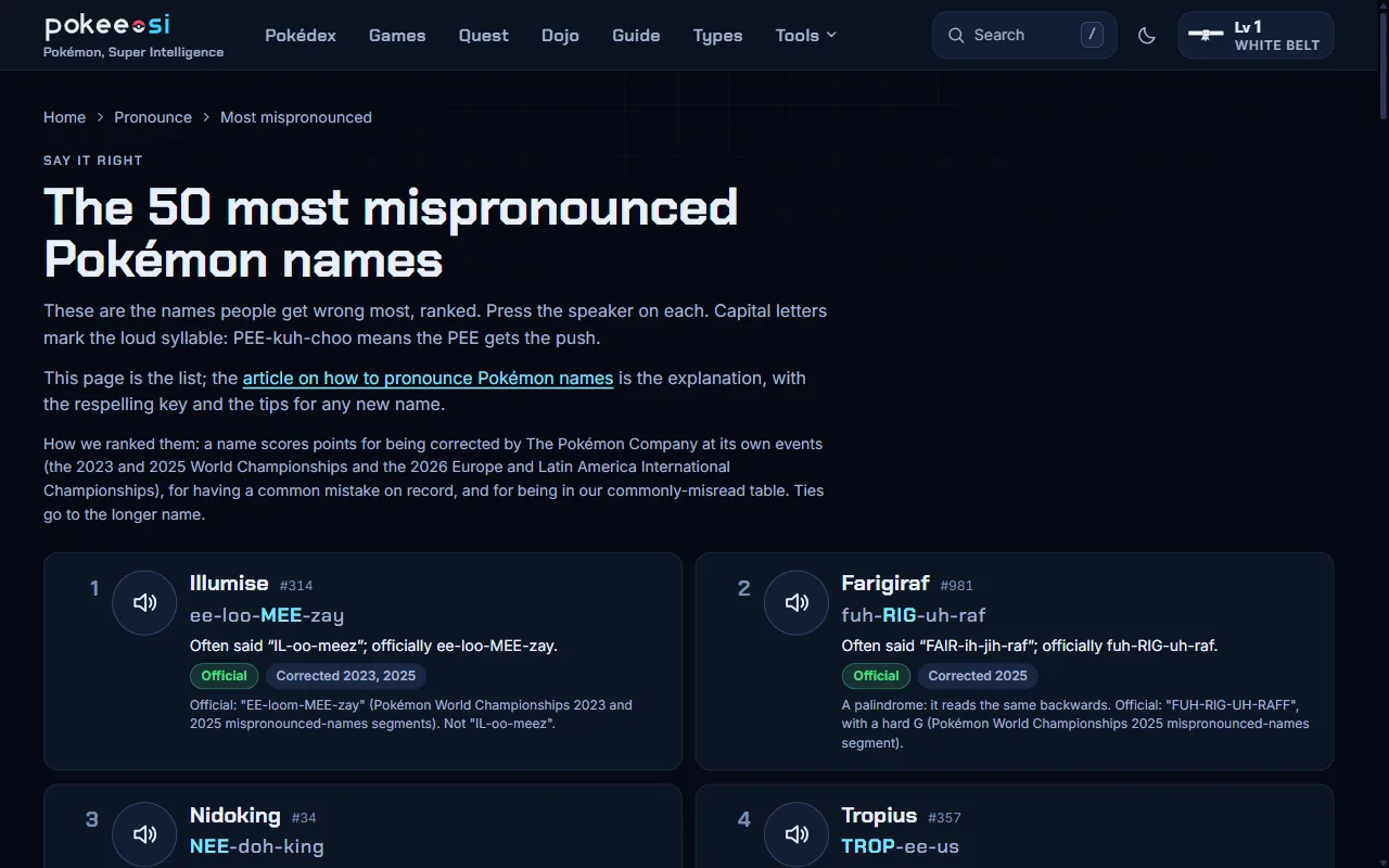 A ranked list of Pokémon names people get wrong, each with a speaker button, a respelling and a note on the official pronunciation.