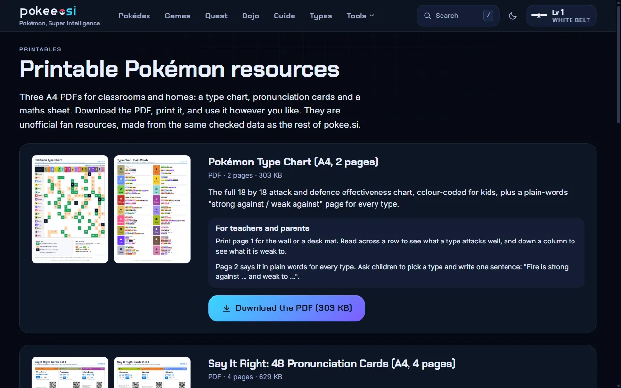 The printables page, with previews of an A4 type chart and a download button for each PDF.