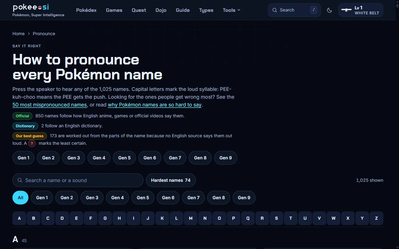 The pokee.si pronunciation hub: a heading, a key to the respelling labels, generation buttons and an A to Z index of names.
